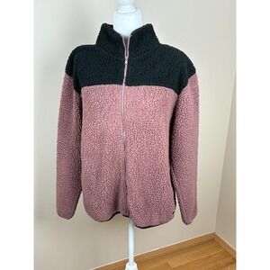 PINK‎ Victoria's Secret Black and Pink Full Zip Sherpa/Fleece Jacket Size Large
